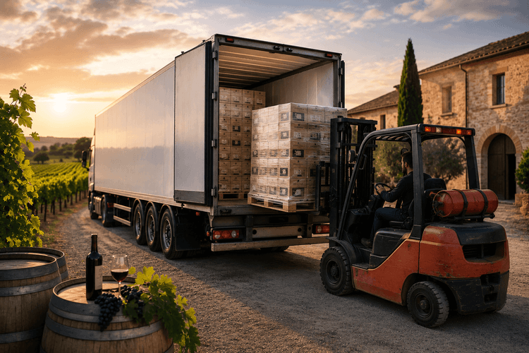Camion pour le transport de vin dans un domaine viticole