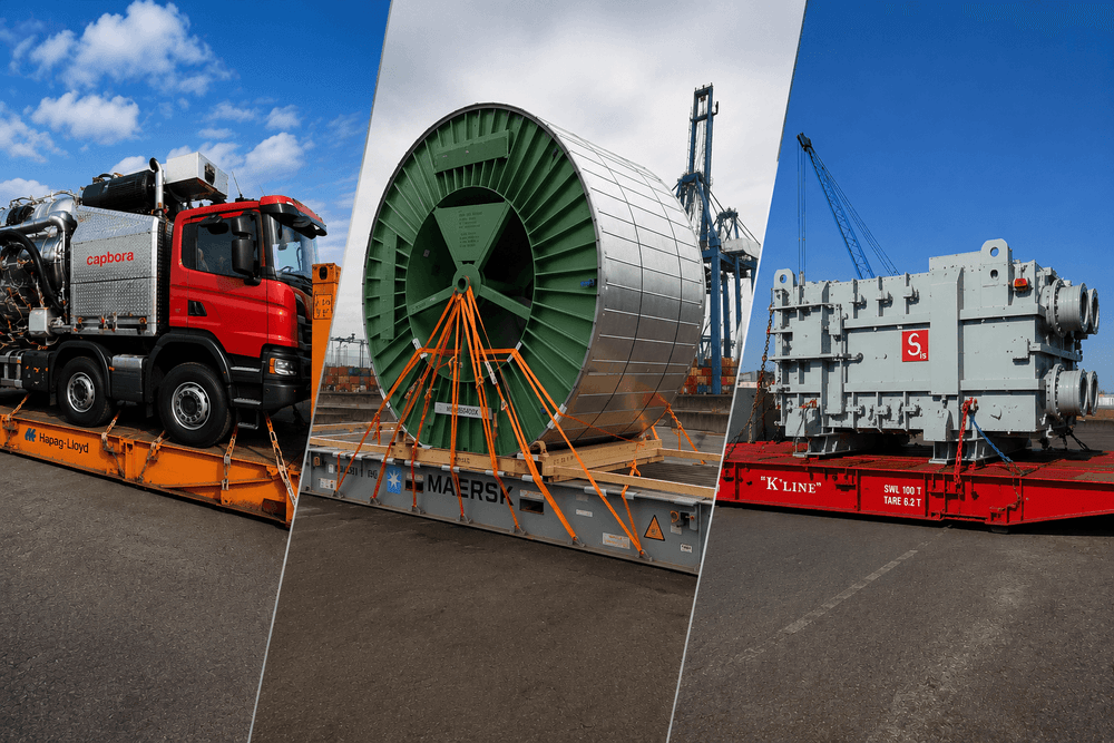 Truck on flatrack, heavy coil on skid, and a transformator on a skid