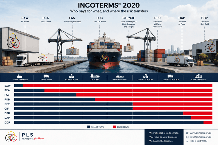 Containerschip in een haven onder de titel Incoterms 2020, met kranen en vrachtwagens aan de kade